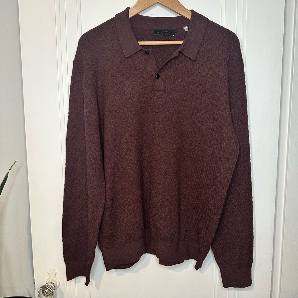 Elie Tahari Men's Dark Brown Crewneck Collared Sweater